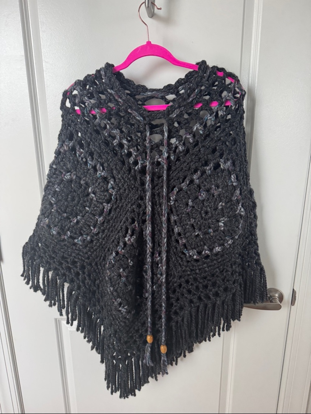 Custom Hand Made Black Crochet Fringe Cape Poncho - Versatile Layering